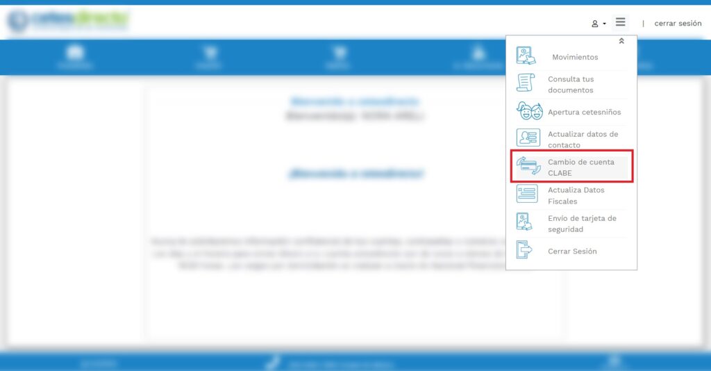 Captura de pantalla del sitio de Cetes que muestra la sección para cambiar tu cuenta bancaria en Cetes Directo.