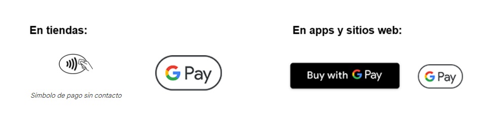 Conjunto de logos de Google Pay que indican dónde aceptan Google Pay en tiendas físicas y virtuales.