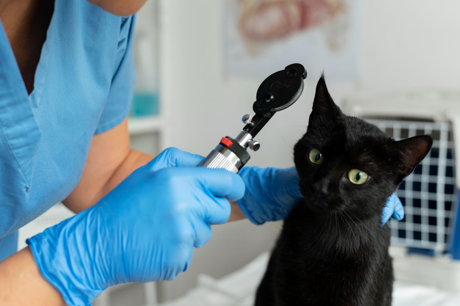 Gato recibiendo un examen veterinario solicitado por su aseguradora de mascotas.