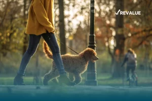 Hombre paseando a su perro con tranquilidad en un parque porque cuenta con un seguro de responsabilidad civil para mascotas.